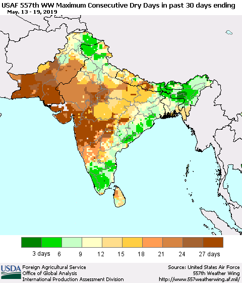 Southern Asia Maximum Consecutive Dry Days in past 30 days (USAF 557th WW) 05/19/2019 Thematic Map For 5/13/2019 - 5/19/2019