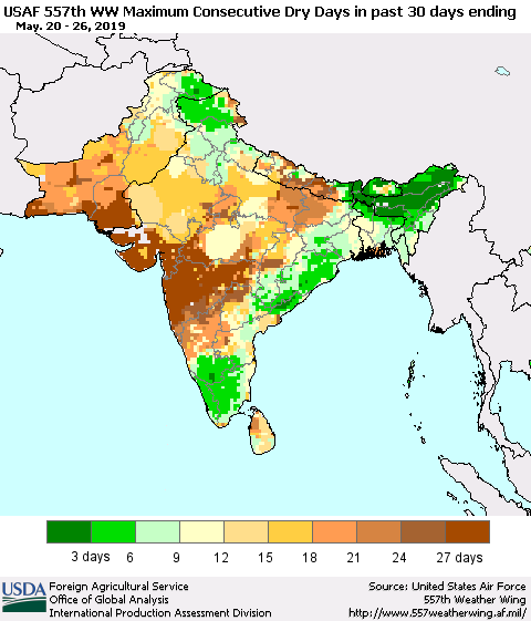 Southern Asia Maximum Consecutive Dry Days in past 30 days (USAF 557th WW) 05/26/2019 Thematic Map For 5/20/2019 - 5/26/2019