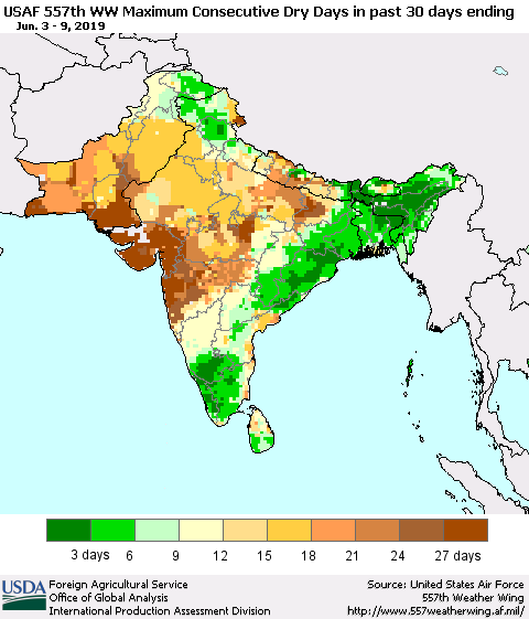 Southern Asia Maximum Consecutive Dry Days in past 30 days (USAF 557th WW) 06/09/2019 Thematic Map For 6/3/2019 - 6/9/2019