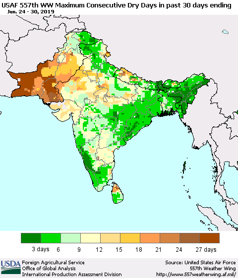 Southern Asia Maximum Consecutive Dry Days in past 30 days (USAF 557th WW) 06/30/2019 Thematic Map For 6/24/2019 - 6/30/2019