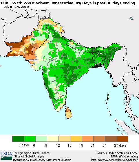 Southern Asia Maximum Consecutive Dry Days in past 30 days (USAF 557th WW) 07/14/2019 Thematic Map For 7/8/2019 - 7/14/2019