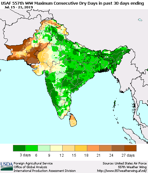 Southern Asia Maximum Consecutive Dry Days in past 30 days (USAF 557th WW) 07/21/2019 Thematic Map For 7/15/2019 - 7/21/2019