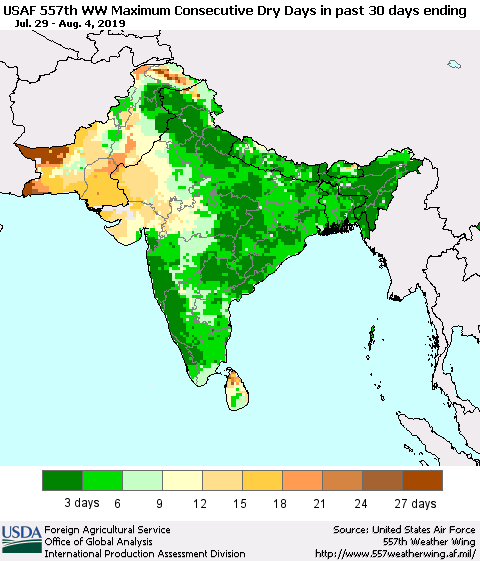 Southern Asia Maximum Consecutive Dry Days in past 30 days (USAF 557th WW) 08/04/2019 Thematic Map For 7/29/2019 - 8/4/2019