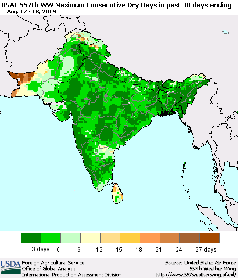 Southern Asia Maximum Consecutive Dry Days in past 30 days (USAF 557th WW) 08/18/2019 Thematic Map For 8/12/2019 - 8/18/2019