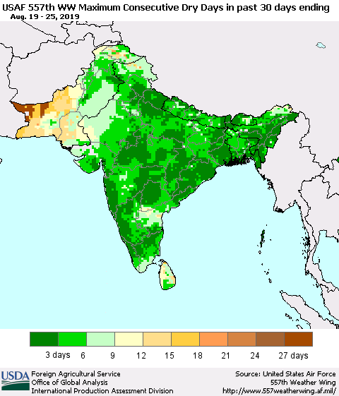 Southern Asia Maximum Consecutive Dry Days in past 30 days (USAF 557th WW) 08/25/2019 Thematic Map For 8/19/2019 - 8/25/2019