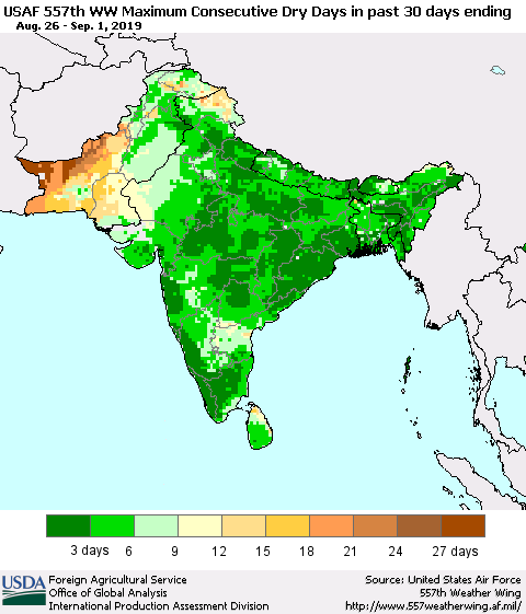 Southern Asia Maximum Consecutive Dry Days in past 30 days (USAF 557th WW) 09/01/2019 Thematic Map For 8/26/2019 - 9/1/2019