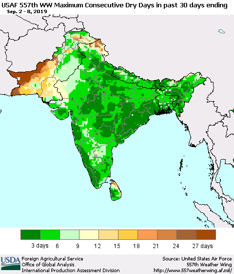 Southern Asia Maximum Consecutive Dry Days in past 30 days (USAF 557th WW) 09/08/2019 Thematic Map For 9/2/2019 - 9/8/2019