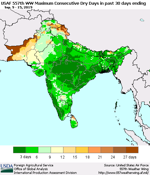 Southern Asia Maximum Consecutive Dry Days in past 30 days (USAF 557th WW) 09/15/2019 Thematic Map For 9/9/2019 - 9/15/2019