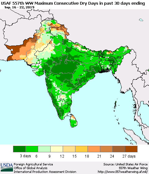 Southern Asia Maximum Consecutive Dry Days in past 30 days (USAF 557th WW) 09/22/2019 Thematic Map For 9/16/2019 - 9/22/2019