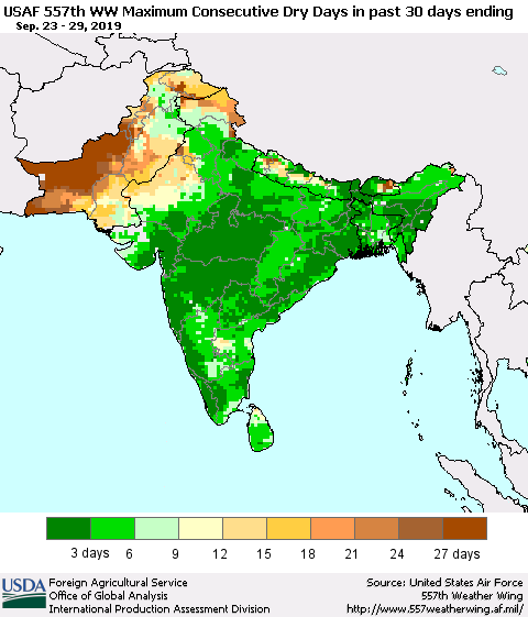 Southern Asia Maximum Consecutive Dry Days in past 30 days (USAF 557th WW) 09/29/2019 Thematic Map For 9/23/2019 - 9/29/2019