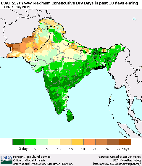 Southern Asia Maximum Consecutive Dry Days in past 30 days (USAF 557th WW) 10/13/2019 Thematic Map For 10/7/2019 - 10/13/2019