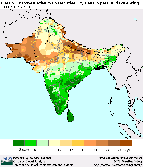 Southern Asia Maximum Consecutive Dry Days in past 30 days (USAF 557th WW) 10/27/2019 Thematic Map For 10/21/2019 - 10/27/2019