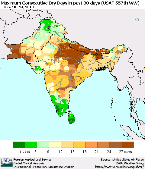 Southern Asia Maximum Consecutive Dry Days in past 30 days (USAF 557th WW) 11/24/2019 Thematic Map For 11/18/2019 - 11/24/2019