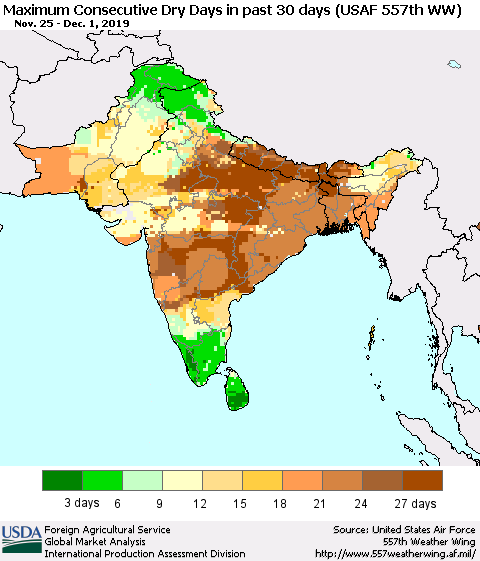 Southern Asia Maximum Consecutive Dry Days in past 30 days (USAF 557th WW) 12/01/2019 Thematic Map For 11/25/2019 - 12/1/2019