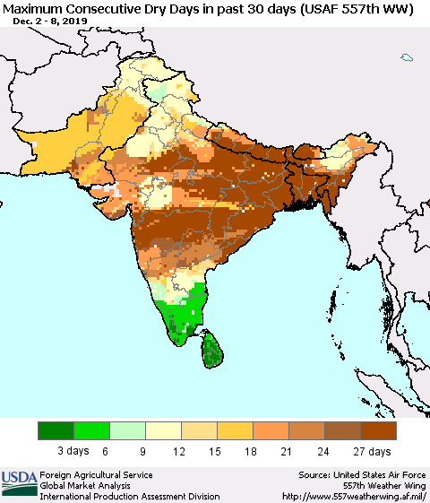 Southern Asia Maximum Consecutive Dry Days in past 30 days (USAF 557th WW) 12/08/2019 Thematic Map For 12/2/2019 - 12/8/2019