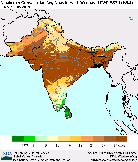 Southern Asia Maximum Consecutive Dry Days in past 30 days (USAF 557th WW) 12/15/2019 Thematic Map For 12/9/2019 - 12/15/2019