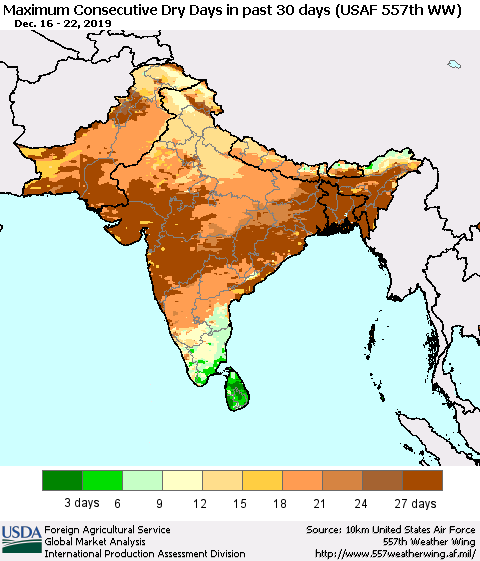 Southern Asia Maximum Consecutive Dry Days in past 30 days (USAF 557th WW) 12/22/2019 Thematic Map For 12/16/2019 - 12/22/2019