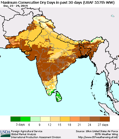 Southern Asia Maximum Consecutive Dry Days in past 30 days (USAF 557th WW) 12/29/2019 Thematic Map For 12/23/2019 - 12/29/2019