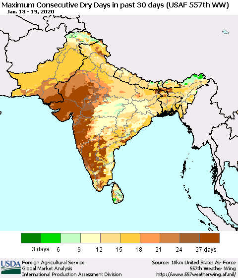 Southern Asia Maximum Consecutive Dry Days in past 30 days (USAF 557th WW) 01/19/2020 Thematic Map For 1/13/2020 - 1/19/2020