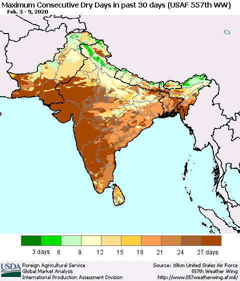 Southern Asia Maximum Consecutive Dry Days in past 30 days (USAF 557th WW) 02/09/2020 Thematic Map For 2/3/2020 - 2/9/2020