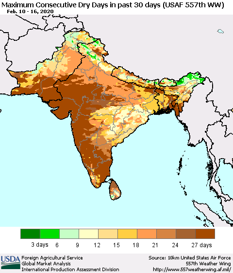 Southern Asia Maximum Consecutive Dry Days in past 30 days (USAF 557th WW) 02/16/2020 Thematic Map For 2/10/2020 - 2/16/2020