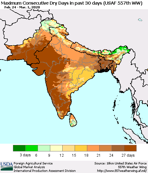 Southern Asia Maximum Consecutive Dry Days in past 30 days (USAF 557th WW) 03/01/2020 Thematic Map For 2/24/2020 - 3/1/2020