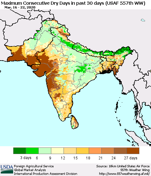 Southern Asia Maximum Consecutive Dry Days in past 30 days (USAF 557th WW) 03/22/2020 Thematic Map For 3/16/2020 - 3/22/2020