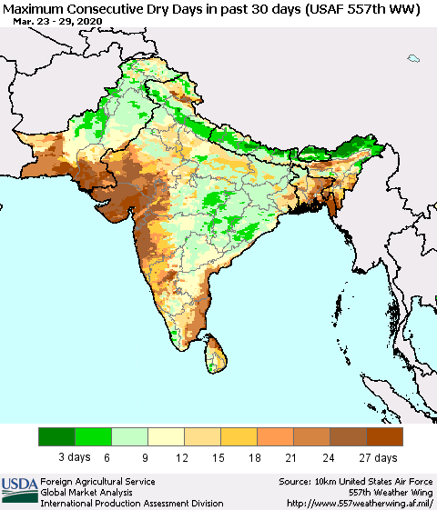 Southern Asia Maximum Consecutive Dry Days in past 30 days (USAF 557th WW) 03/29/2020 Thematic Map For 3/23/2020 - 3/29/2020