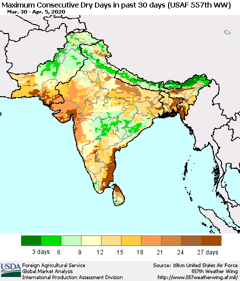 Southern Asia Maximum Consecutive Dry Days in past 30 days (USAF 557th WW) 04/05/2020 Thematic Map For 3/30/2020 - 4/5/2020