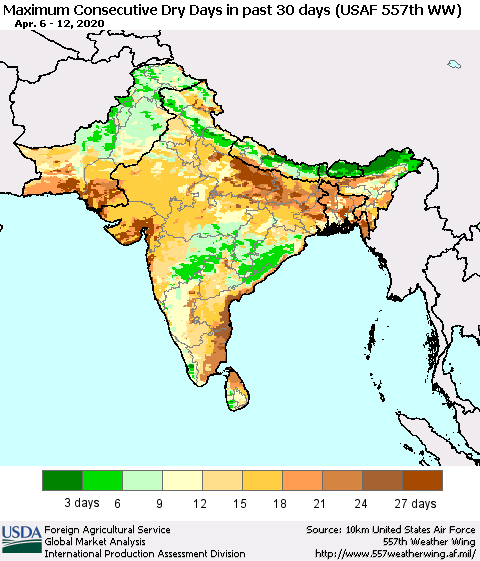 Southern Asia Maximum Consecutive Dry Days in past 30 days (USAF 557th WW) 04/12/2020 Thematic Map For 4/6/2020 - 4/12/2020