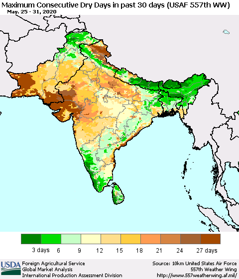 Southern Asia Maximum Consecutive Dry Days in past 30 days (USAF 557th WW) 05/31/2020 Thematic Map For 5/25/2020 - 5/31/2020