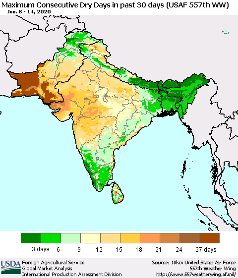 Southern Asia Maximum Consecutive Dry Days in past 30 days (USAF 557th WW) 06/14/2020 Thematic Map For 6/8/2020 - 6/14/2020