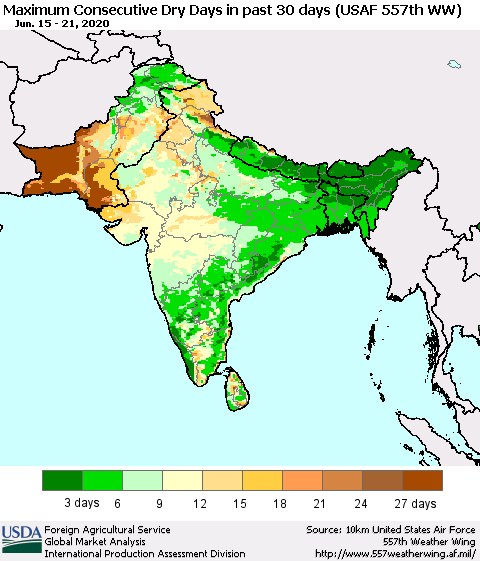 Southern Asia Maximum Consecutive Dry Days in past 30 days (USAF 557th WW) 06/21/2020 Thematic Map For 6/15/2020 - 6/21/2020