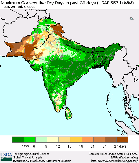 Southern Asia Maximum Consecutive Dry Days in past 30 days (USAF 557th WW) 07/05/2020 Thematic Map For 6/29/2020 - 7/5/2020