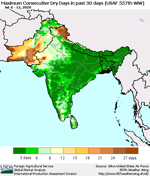 Southern Asia Maximum Consecutive Dry Days in past 30 days (USAF 557th WW) 07/12/2020 Thematic Map For 7/6/2020 - 7/12/2020