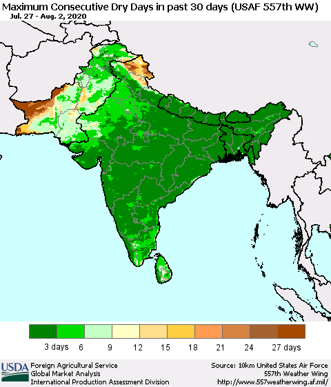 Southern Asia Maximum Consecutive Dry Days in past 30 days (USAF 557th WW) 08/02/2020 Thematic Map For 7/27/2020 - 8/2/2020