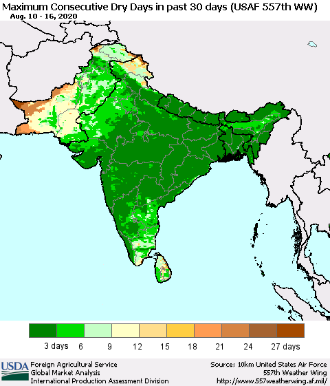 Southern Asia Maximum Consecutive Dry Days in past 30 days (USAF 557th WW) 08/16/2020 Thematic Map For 8/10/2020 - 8/16/2020