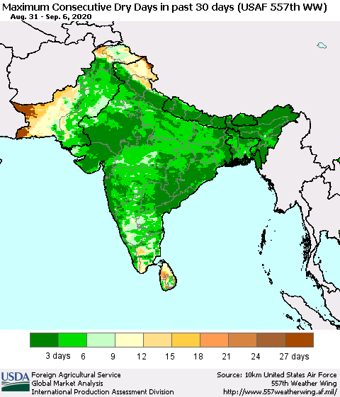 Southern Asia Maximum Consecutive Dry Days in past 30 days (USAF 557th WW) 09/06/2020 Thematic Map For 8/31/2020 - 9/6/2020