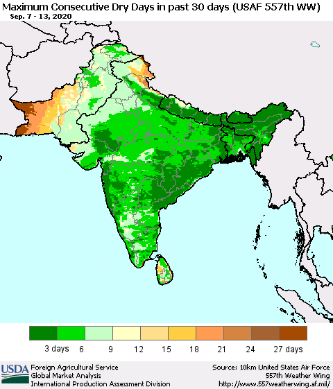 Southern Asia Maximum Consecutive Dry Days in past 30 days (USAF 557th WW) 09/13/2020 Thematic Map For 9/7/2020 - 9/13/2020
