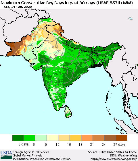 Southern Asia Maximum Consecutive Dry Days in past 30 days (USAF 557th WW) 09/20/2020 Thematic Map For 9/14/2020 - 9/20/2020