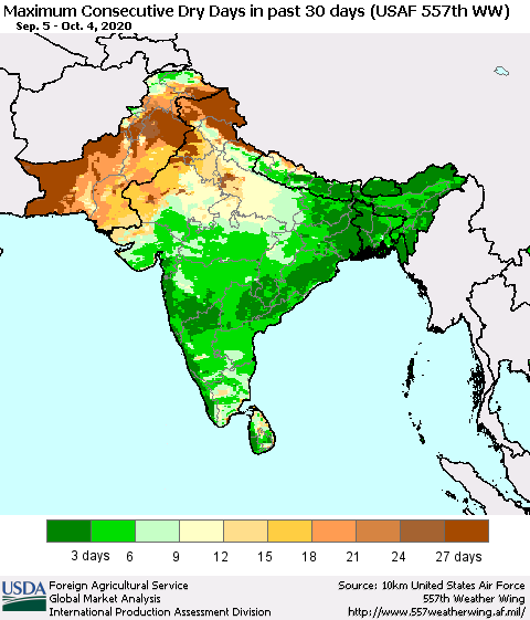 Southern Asia Maximum Consecutive Dry Days in past 30 days (USAF 557th WW) 10/04/2020 Thematic Map For 9/28/2020 - 10/4/2020