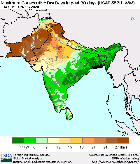 Southern Asia Maximum Consecutive Dry Days in past 30 days (USAF 557th WW) 10/11/2020 Thematic Map For 10/5/2020 - 10/11/2020