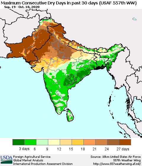 Southern Asia Maximum Consecutive Dry Days in past 30 days (USAF 557th WW) 10/18/2020 Thematic Map For 10/12/2020 - 10/18/2020