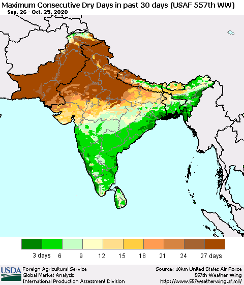 Southern Asia Maximum Consecutive Dry Days in past 30 days (USAF 557th WW) 10/25/2020 Thematic Map For 10/19/2020 - 10/25/2020
