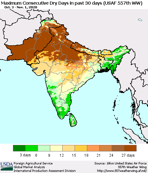 Southern Asia Maximum Consecutive Dry Days in past 30 days (USAF 557th WW) 11/01/2020 Thematic Map For 10/26/2020 - 11/1/2020