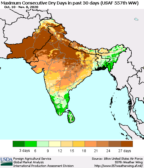 Southern Asia Maximum Consecutive Dry Days in past 30 days (USAF 557th WW) 11/08/2020 Thematic Map For 11/2/2020 - 11/8/2020