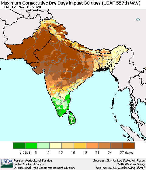Southern Asia Maximum Consecutive Dry Days in past 30 days (USAF 557th WW) 11/15/2020 Thematic Map For 11/9/2020 - 11/15/2020