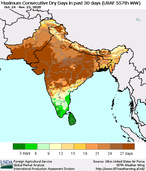 Southern Asia Maximum Consecutive Dry Days in past 30 days (USAF 557th WW) 11/22/2020 Thematic Map For 11/16/2020 - 11/22/2020