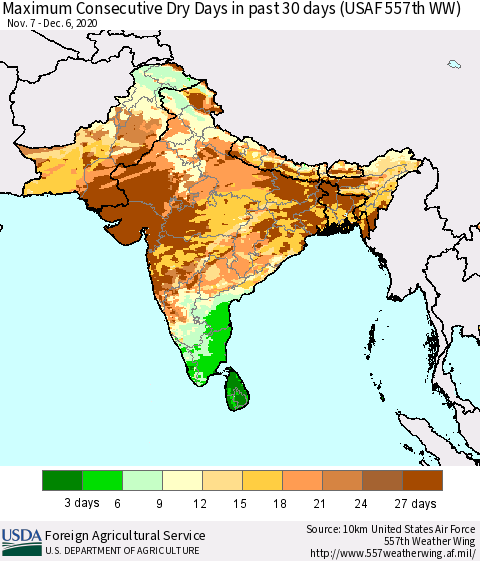 Southern Asia Maximum Consecutive Dry Days in past 30 days (USAF 557th WW) 12/06/2020 Thematic Map For 11/30/2020 - 12/6/2020