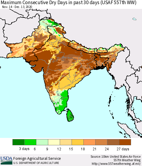 Southern Asia Maximum Consecutive Dry Days in past 30 days (USAF 557th WW) 12/13/2020 Thematic Map For 12/7/2020 - 12/13/2020